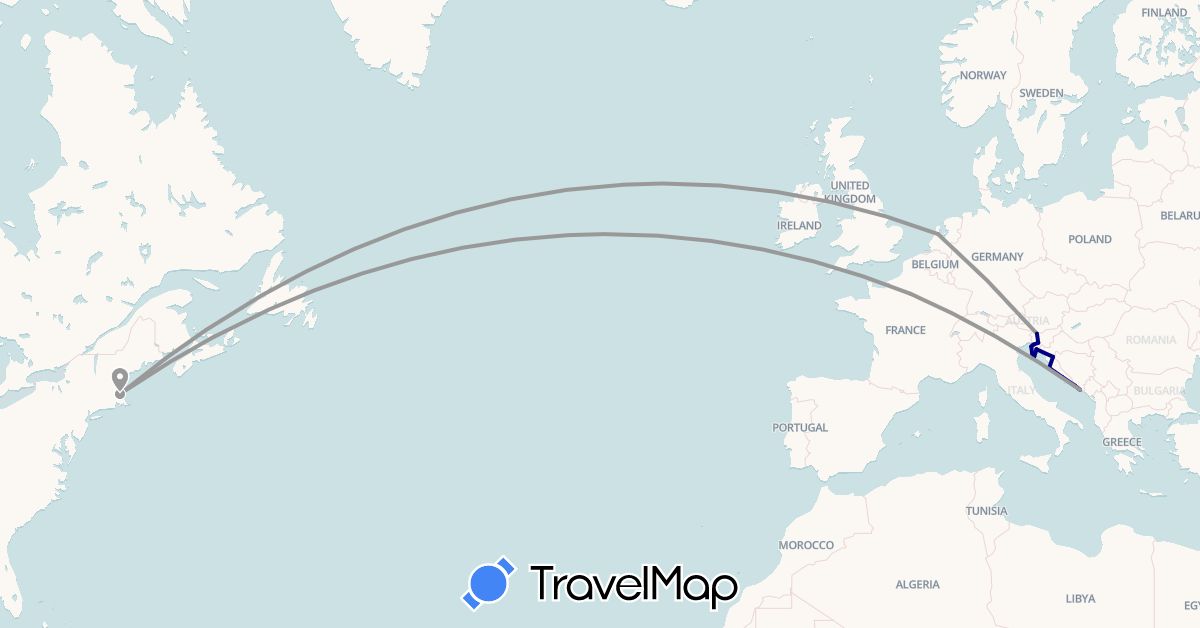 TravelMap itinerary: driving, plane in Bosnia and Herzegovina, France, Croatia, Italy, Netherlands, Slovenia, United States (Europe, North America)